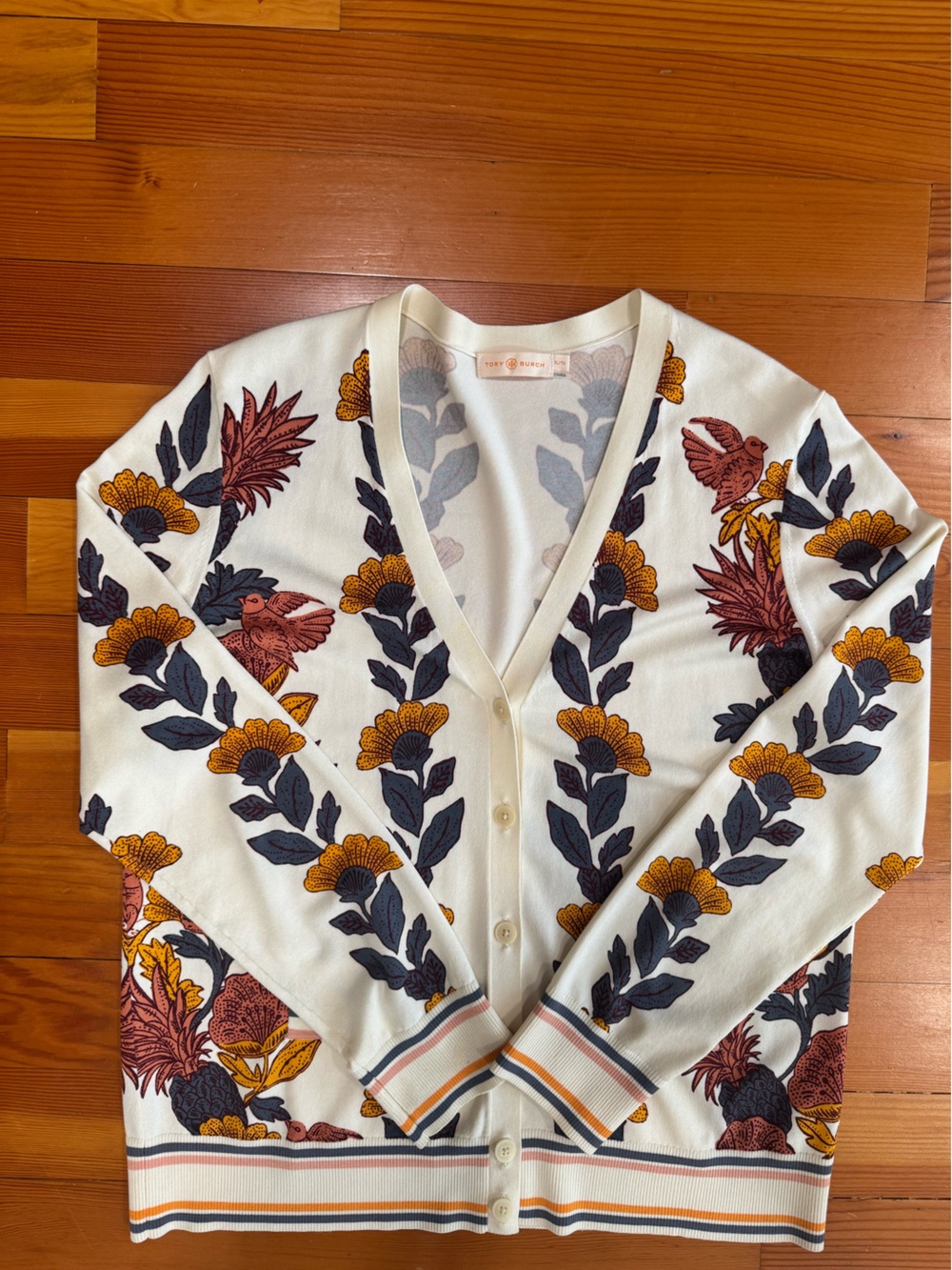 Tory Burch Madeline Printed Cardigan in the "Orange Wonderland Vine" Sz XL